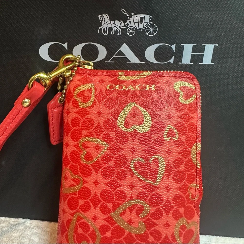Coach Red Wristlet with Gold Heart Design - Picture 10 of 12